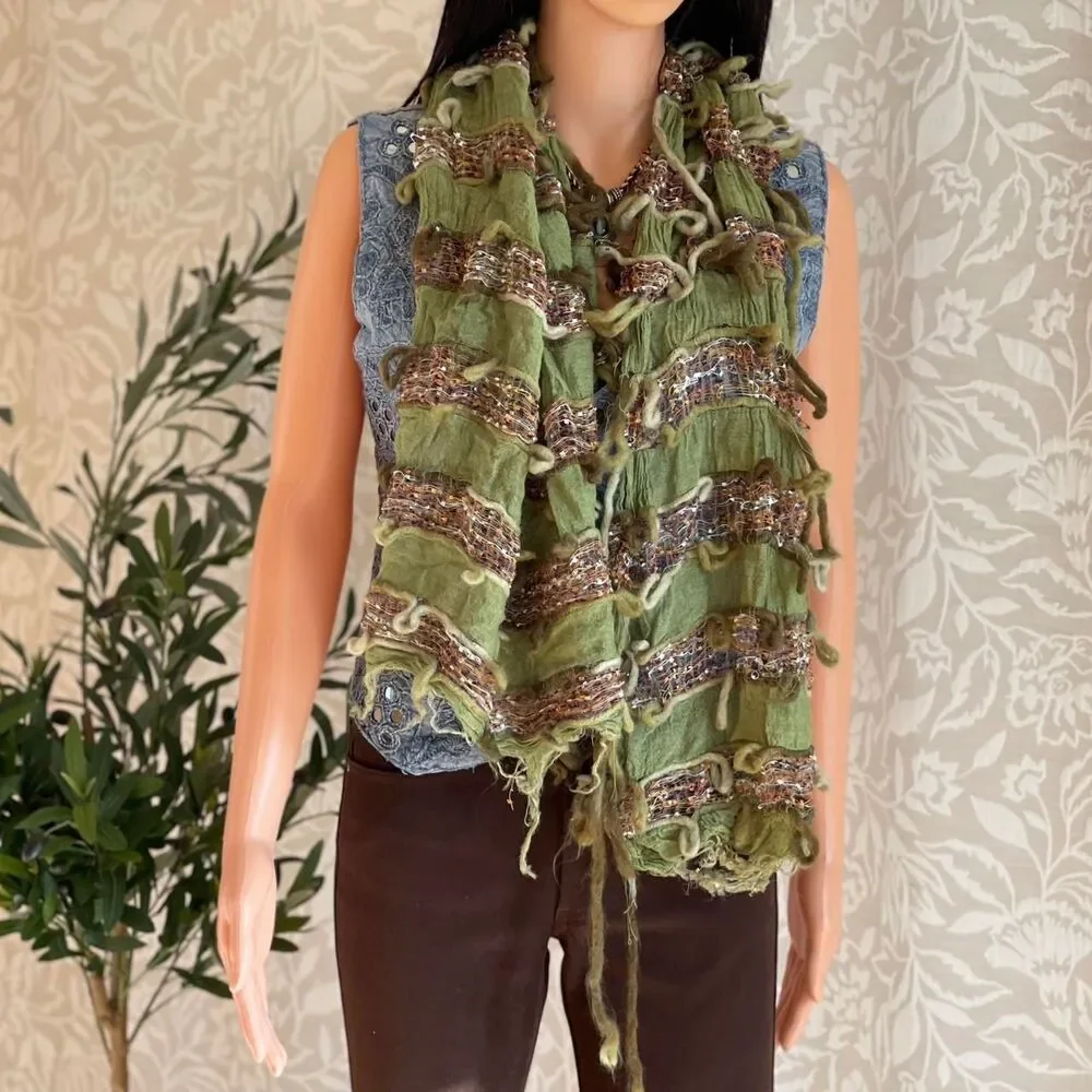Vintage 90s Y2K Scala Collezione Textured Fringe Scarf Olive‎ Green Boho Crinkle